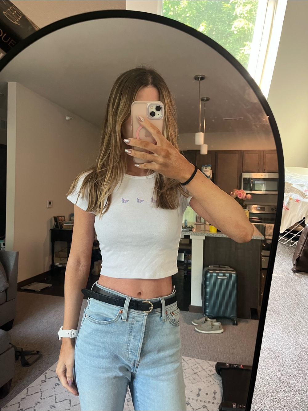 Brandy Melville White Cropped Rib Tee with Lilac Butterfly Embroidery